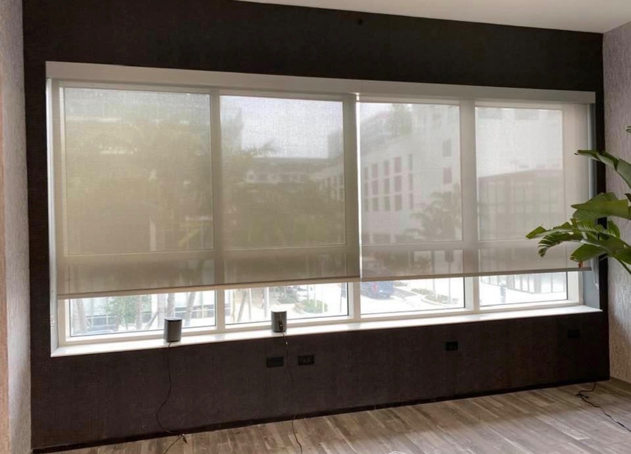 Large commercial window with custom light-filtering roller shades in a modern office interior.