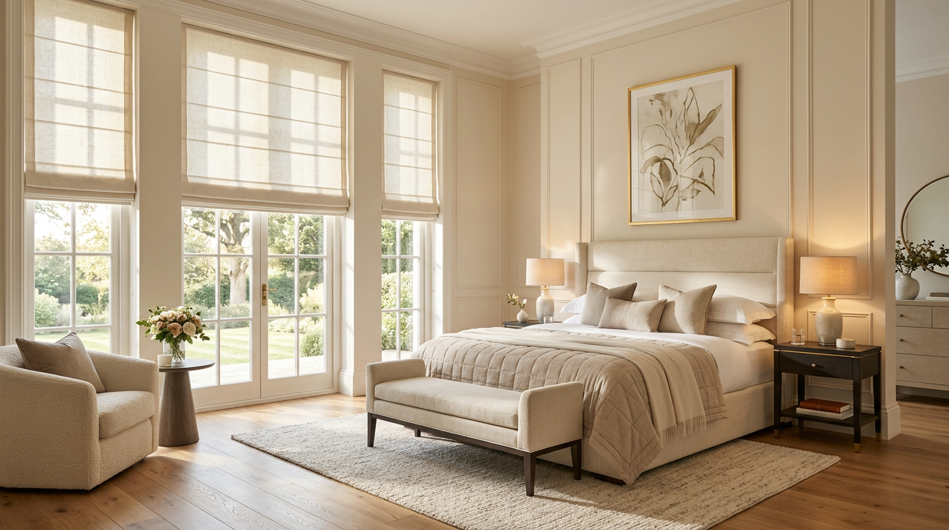 Luxury bedroom featuring custom light-filtering Roman shades over tall windows and French doors, creating a soft, elegant look with modern bedroom window treatments.