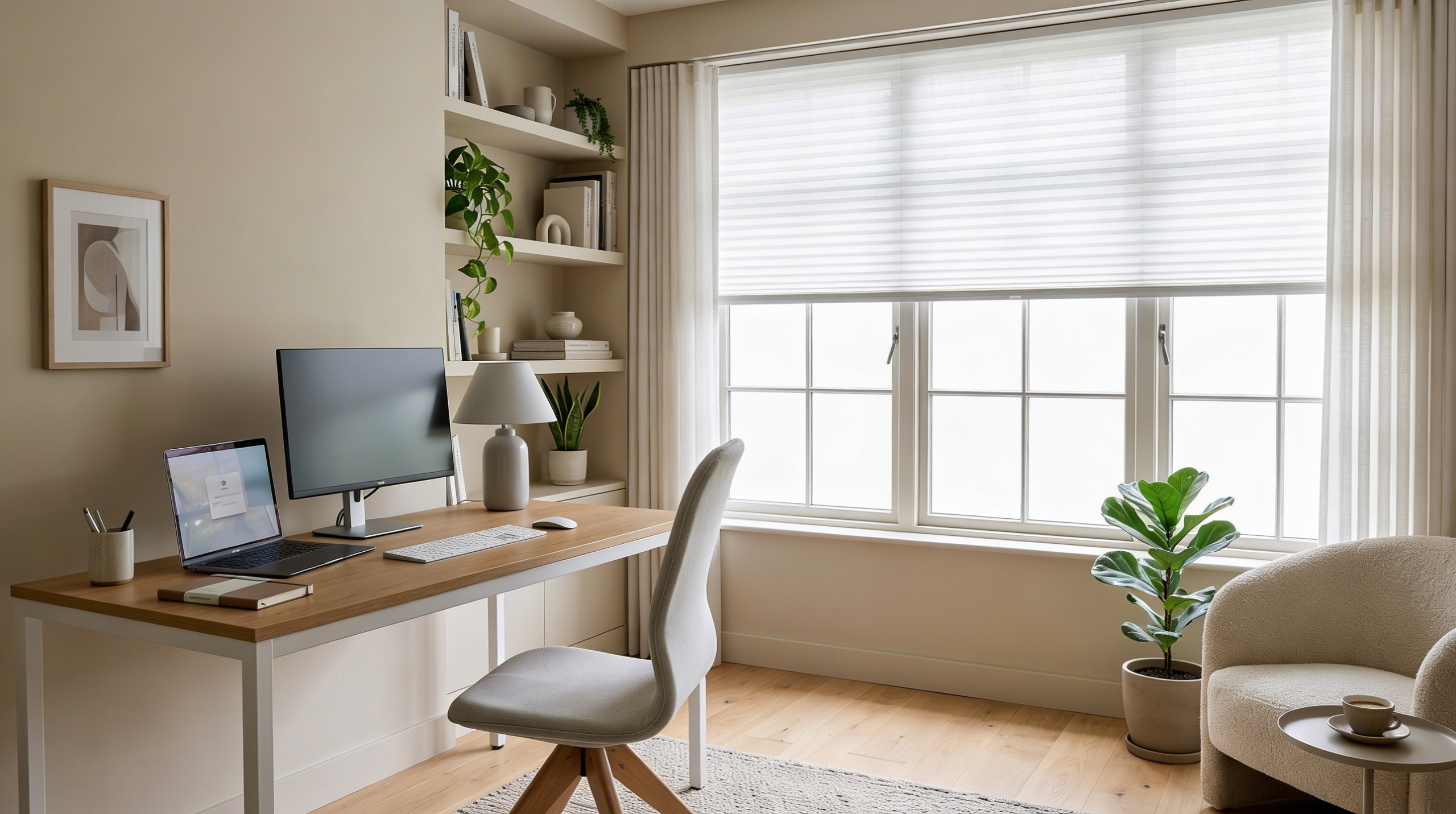 Modern home office featuring energy-efficient cellular shades with sheer curtains, natural light, and stylish window treatments designed for privacy and glare reduction.
