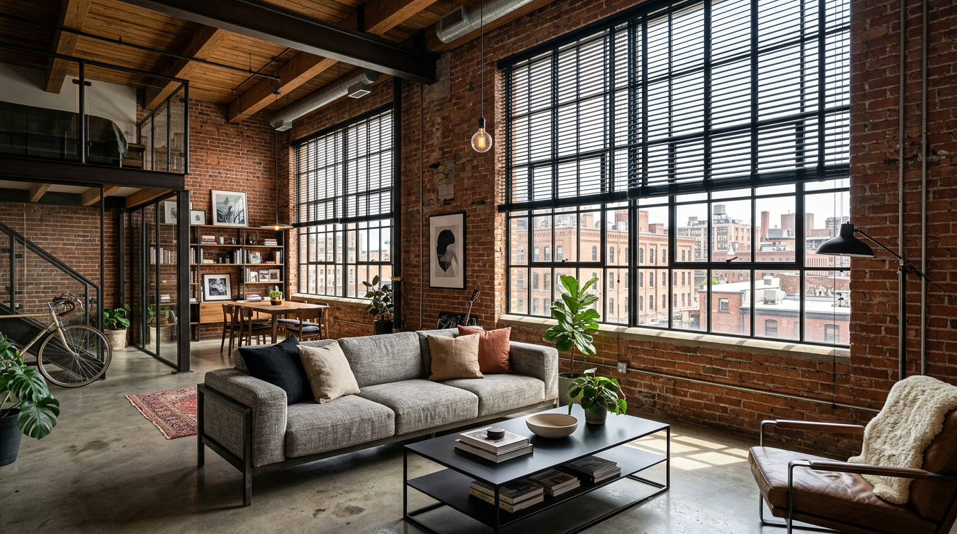 Industrial loft apartment featuring black metal blinds on oversized factory-style windows, exposed brick walls, and modern urban window treatments for contemporary living spaces.