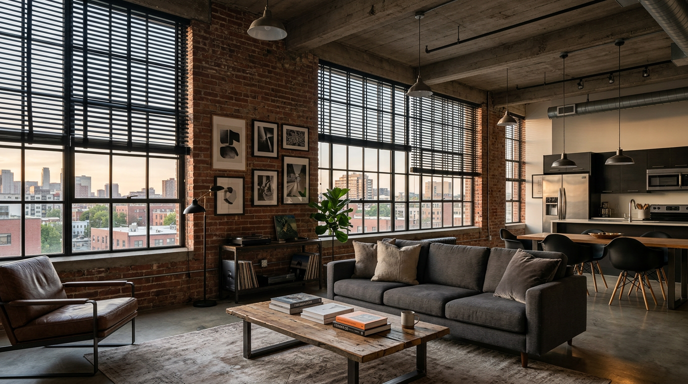 Industrial loft apartment featuring modern black horizontal blinds on large factory-style windows, with exposed brick walls, open-concept living space, and contemporary urban interior design.