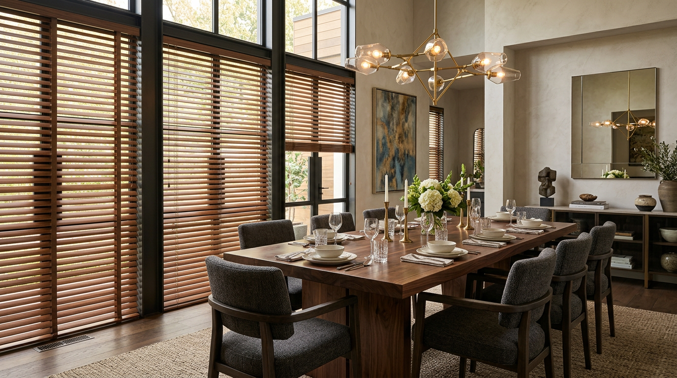 Luxury dining room featuring custom wood blinds on tall floor-to-ceiling windows, elegant dining table, and modern residential window treatments for upscale interiors.