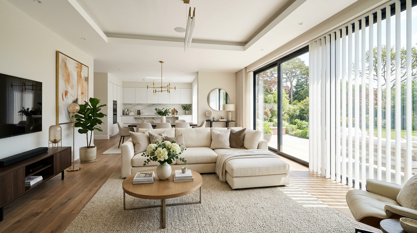Modern luxury living room featuring white vertical blinds on large sliding glass doors, providing privacy, light control, and elegant window treatments for contemporary homes.