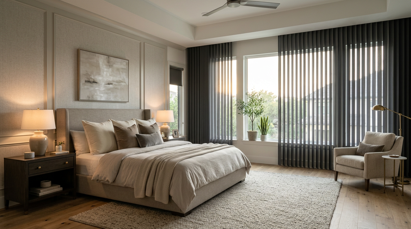 Modern master bedroom featuring black vertical blinds on large windows, creating privacy, light control, and stylish contemporary window treatments.