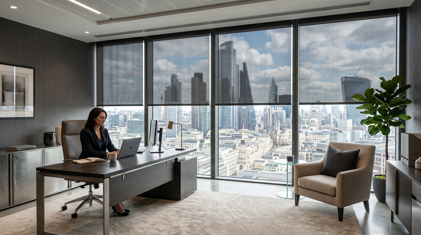 Modern executive office featuring custom solar roller shades on floor-to-ceiling windows with a city skyline view, providing glare reduction, privacy, and stylish commercial window treatments.