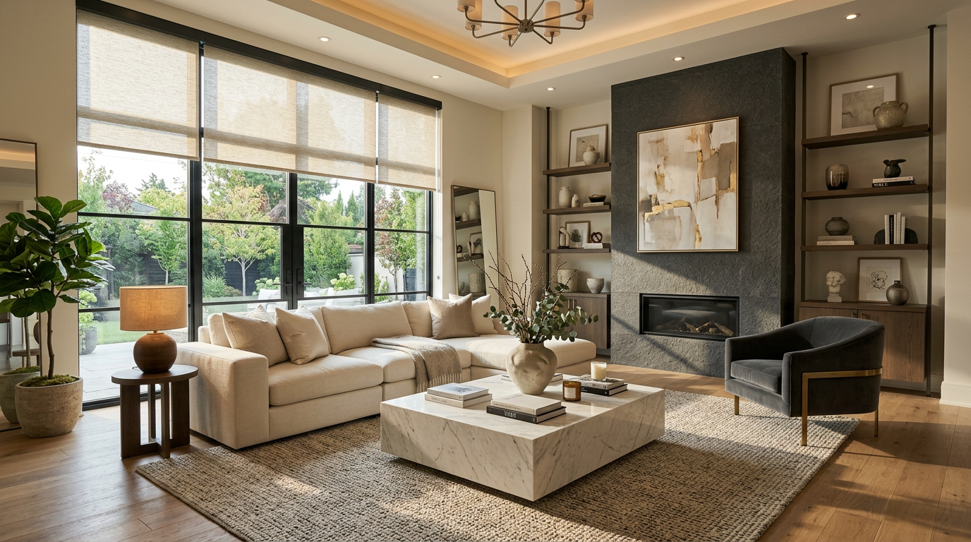 Luxury living room featuring custom roller shades on large picture windows, modern furniture, fireplace, and natural light, ideal for residential window treatments and contemporary home interiors.