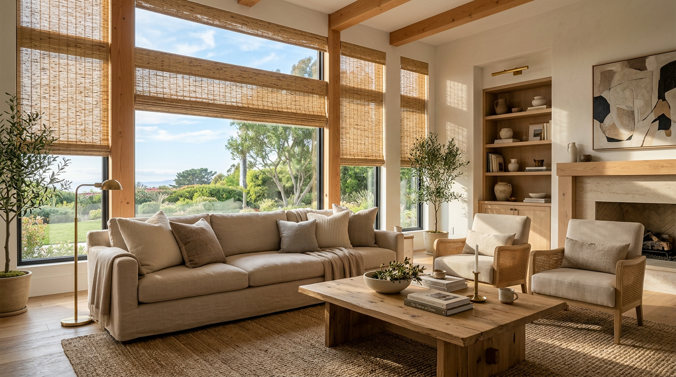 Modern rustic living room featuring natural woven shades on large windows, wood beams, cozy seating, and elegant custom window treatments for contemporary homes.