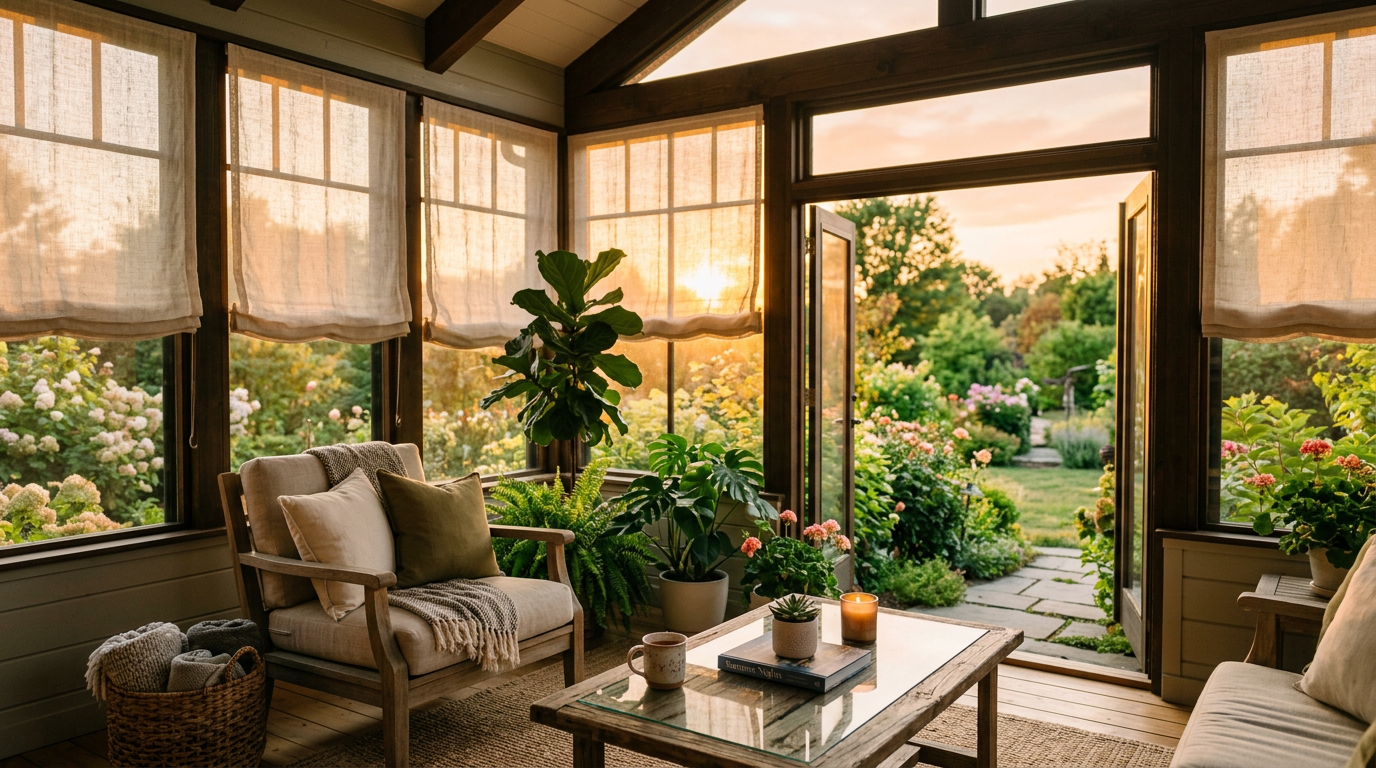 Custom woven Roman shades installed in a bright sunroom with large windows, cozy seating, indoor plants, and a garden view, showcasing elegant residential window treatments for modern homes.