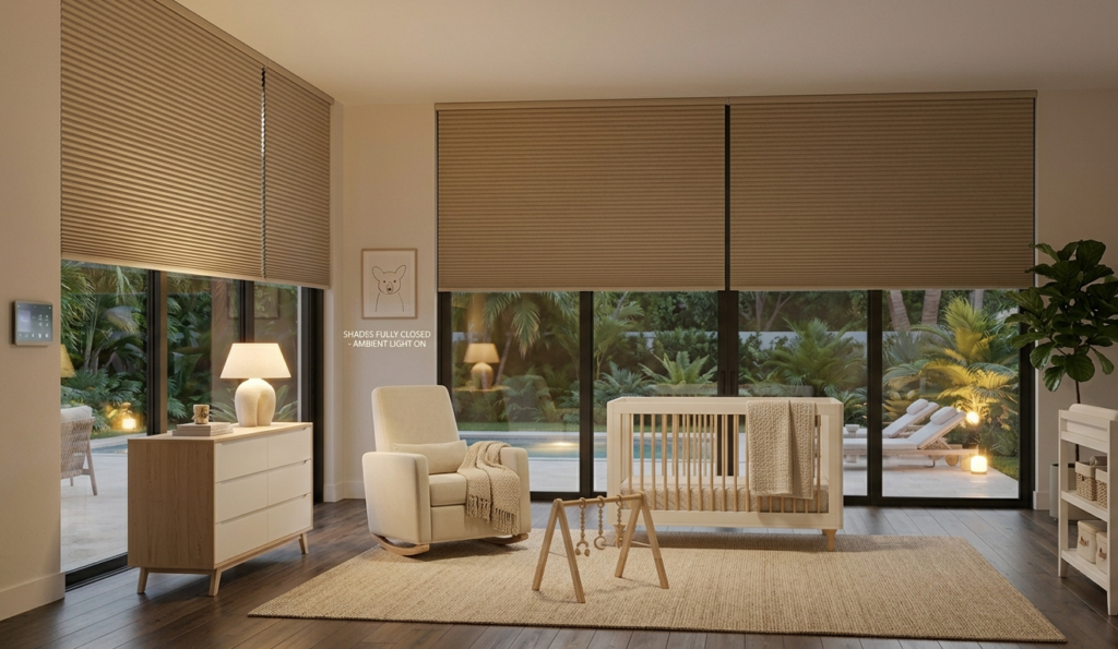 Modern nursery with blackout cellular shades, energy-efficient window coverings, and smart light control for improved baby sleep and privacy.