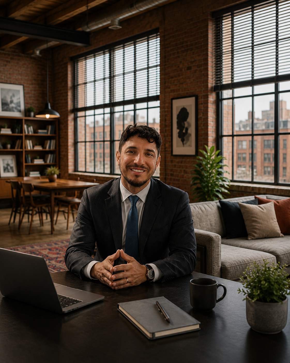 CEO of a custom blinds and shades company sitting in a modern office with large modern window blinds.