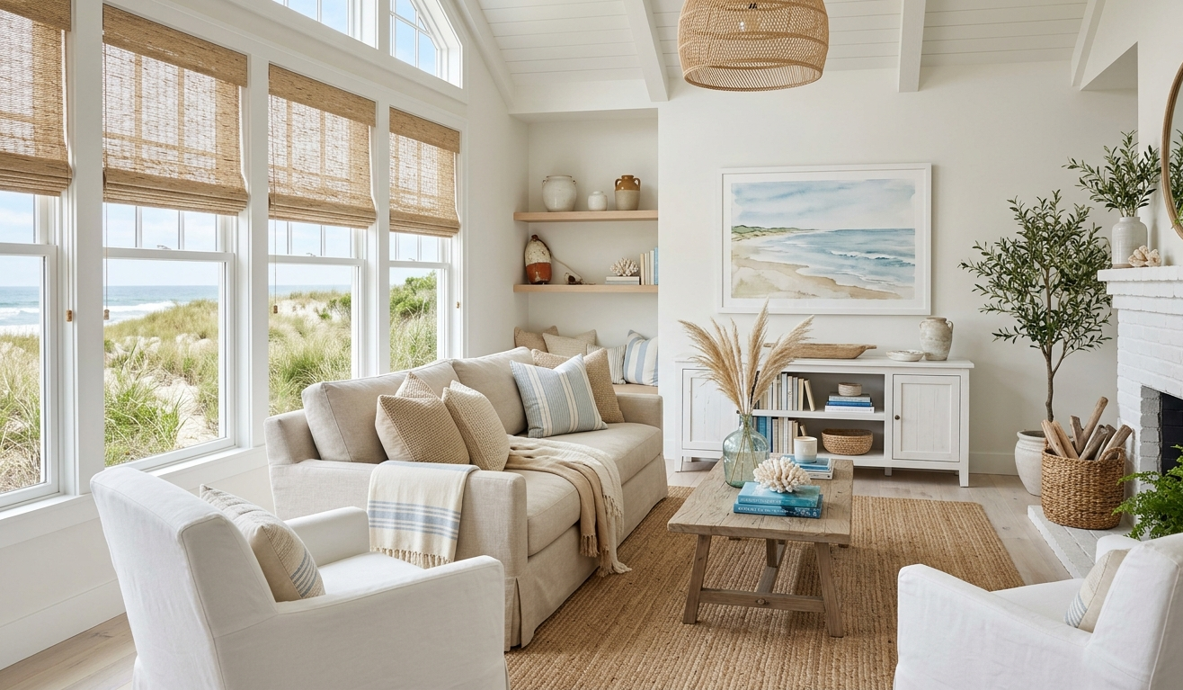 Bright coastal living room with woven Roman shades, beach house interior, natural sunlight, neutral furniture, and relaxed seaside home decor.