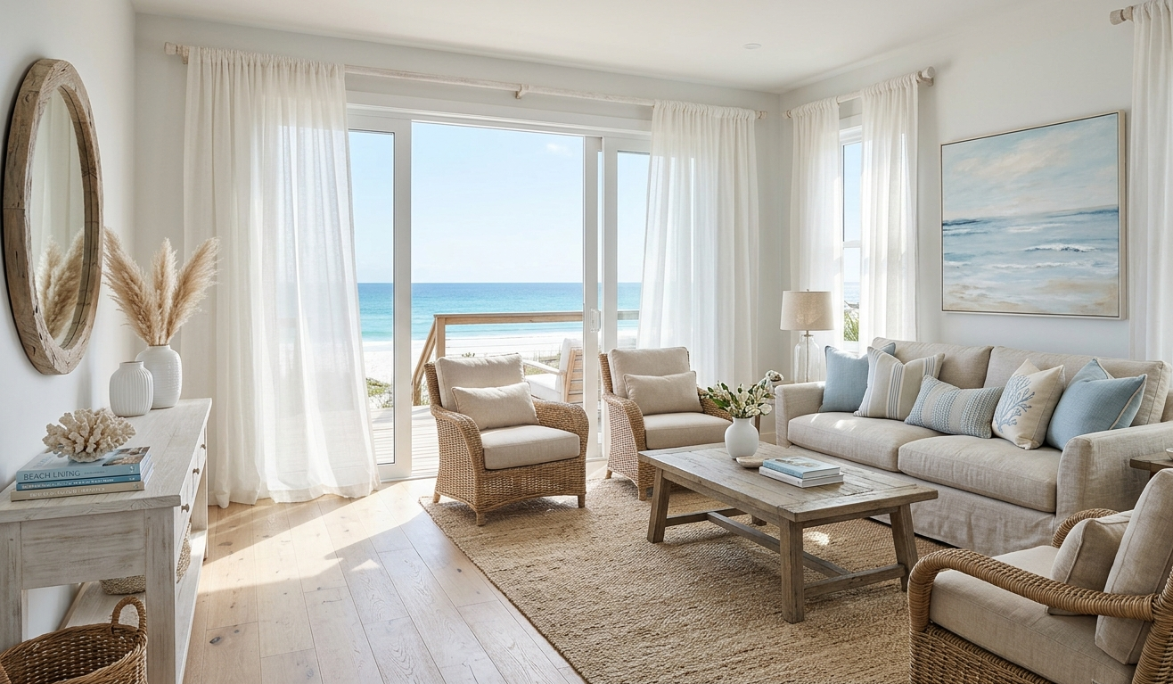 Coastal living room featuring sheer curtains on large windows with ocean views, natural sunlight, and beach house interior decor.