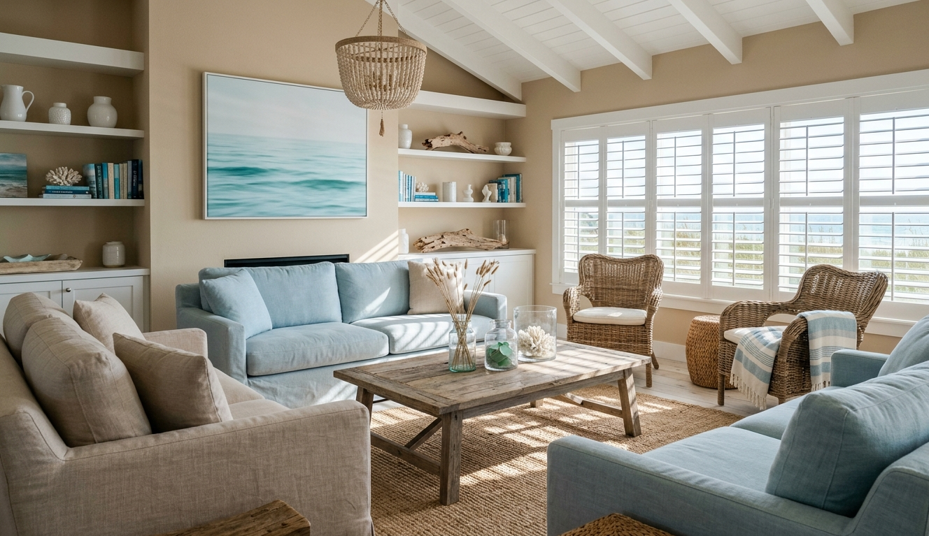 Coastal living room featuring white plantation shutters on large windows with natural sunlight and relaxed beach house interior decor.