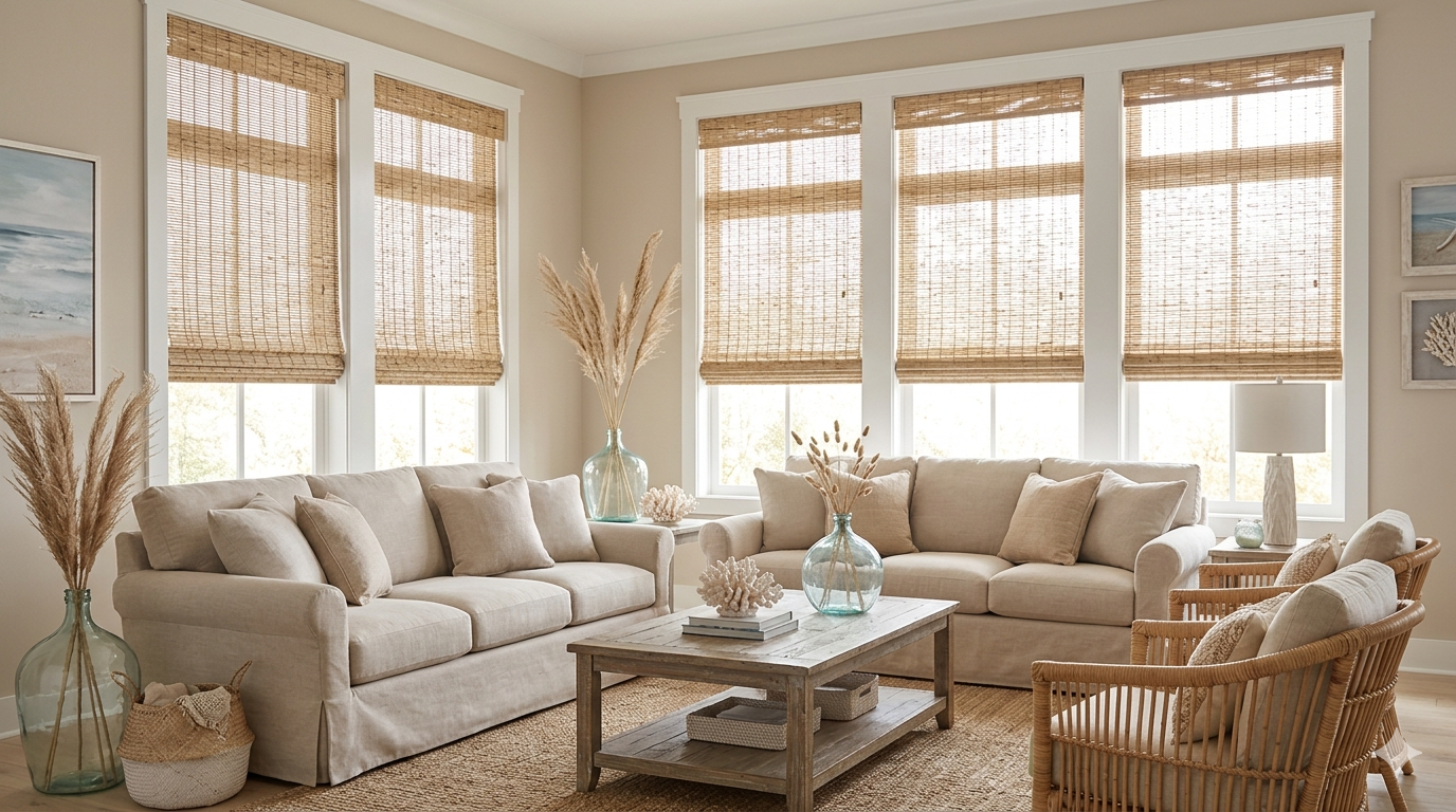 Coastal living room featuring woven bamboo Roman shades, neutral beach-style decor, natural textures, and bright sunlight through large windows.
