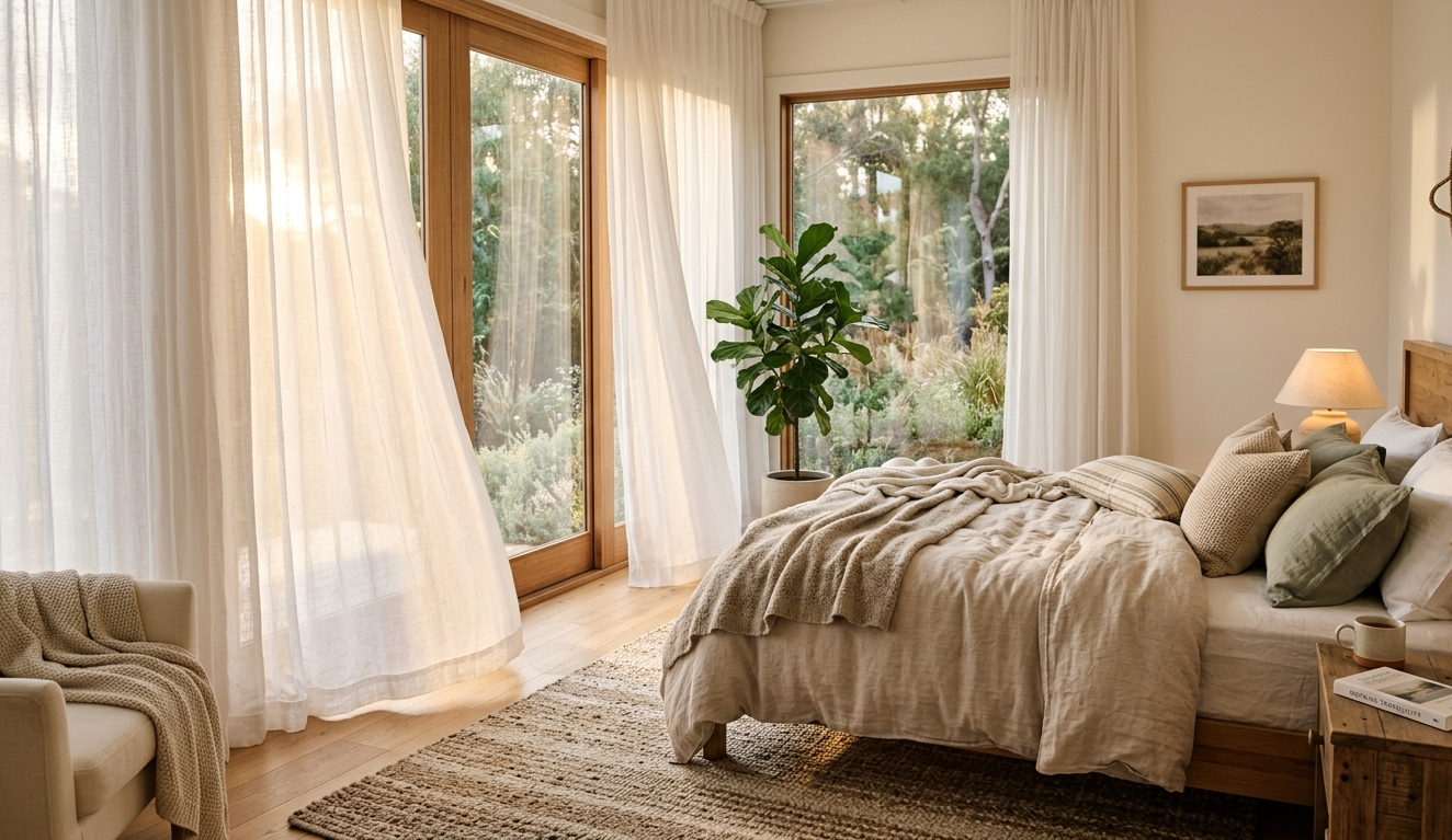 Cozy bedroom featuring sheer curtains on large windows with soft natural sunlight and warm modern interior decor.