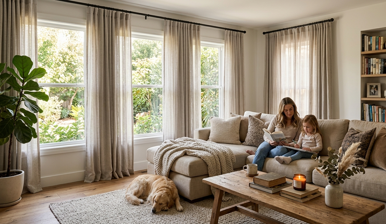 Cozy living room featuring sheer drapes and custom curtains on large windows with soft natural light and warm interior decor.