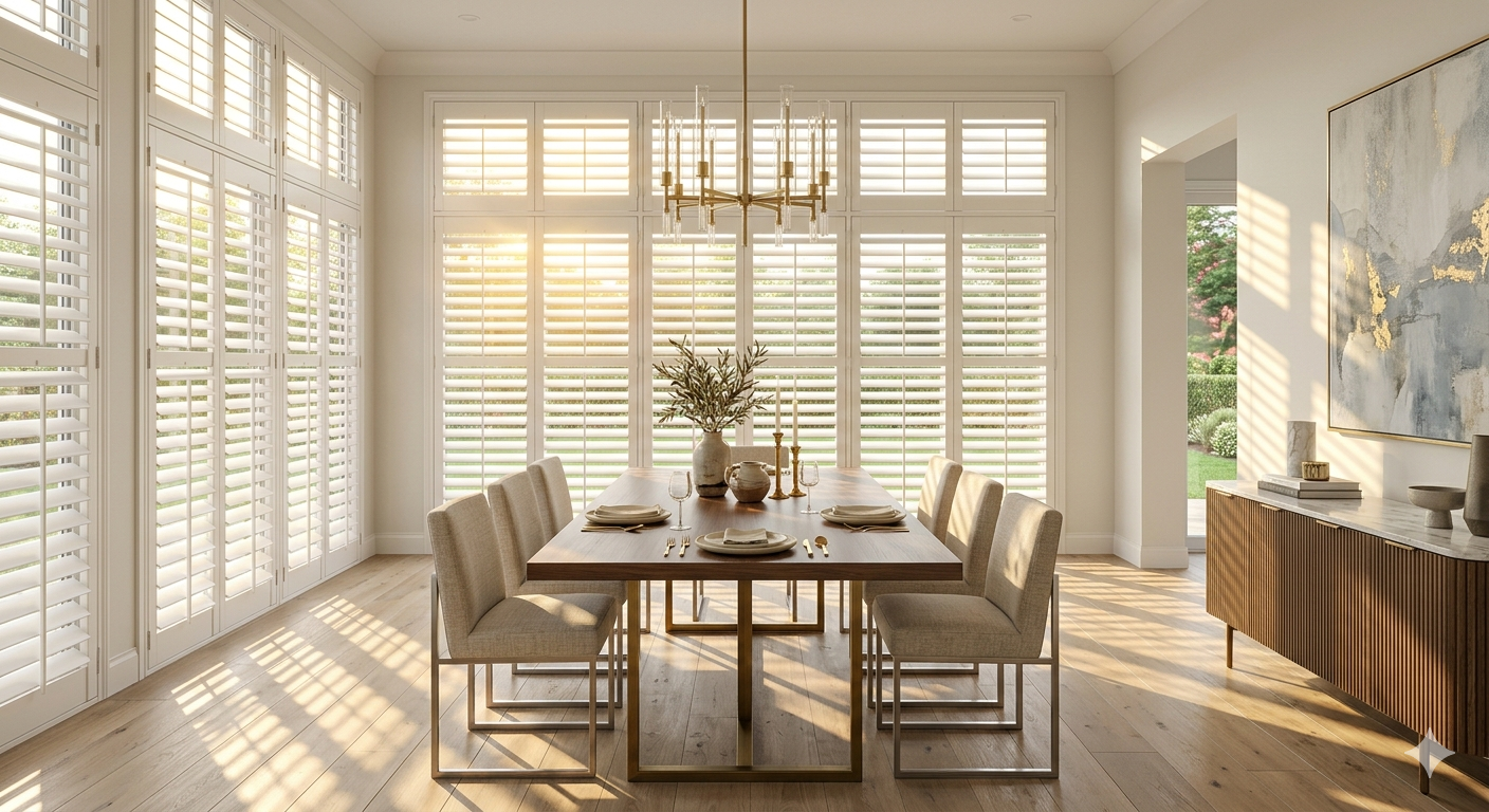 Elegant dining room featuring white vinyl shutters on large windows with warm natural sunlight and modern interior design.