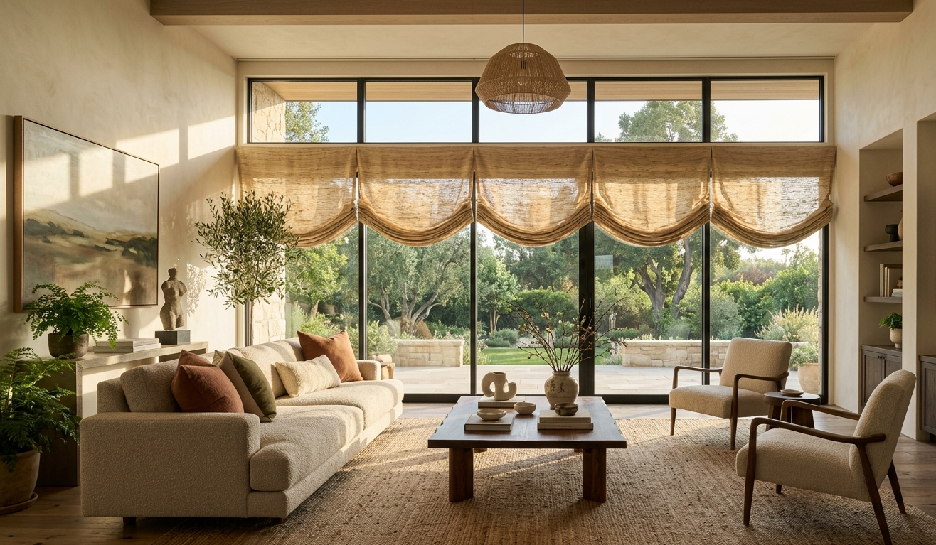 Modern living room with relaxed Roman shades, large sliding glass doors, warm sunlight, neutral furniture, and luxury organic modern interior design.