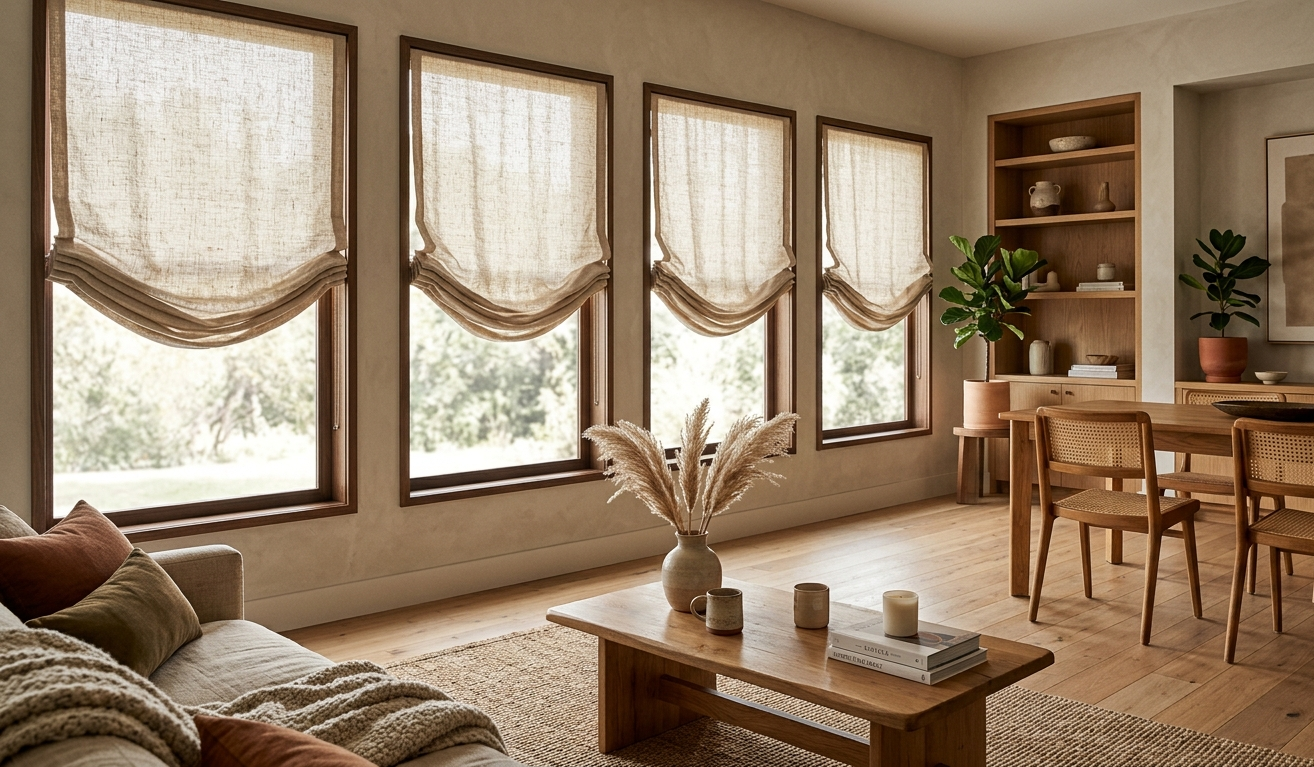 Cozy modern living room featuring relaxed Roman shades, natural linen window treatments, warm wood accents, and soft filtered sunlight.