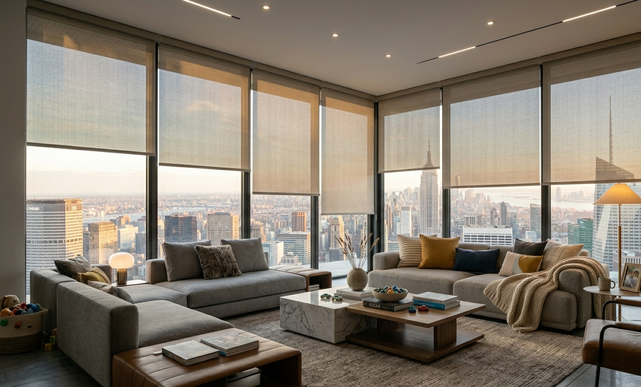 Luxury apartment living room with solar roller shades on floor-to-ceiling windows overlooking a modern city skyline.