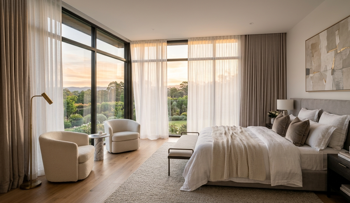 Luxury bedroom featuring custom drapes and sheer curtains on large floor-to-ceiling windows with soft natural light and modern interior design.