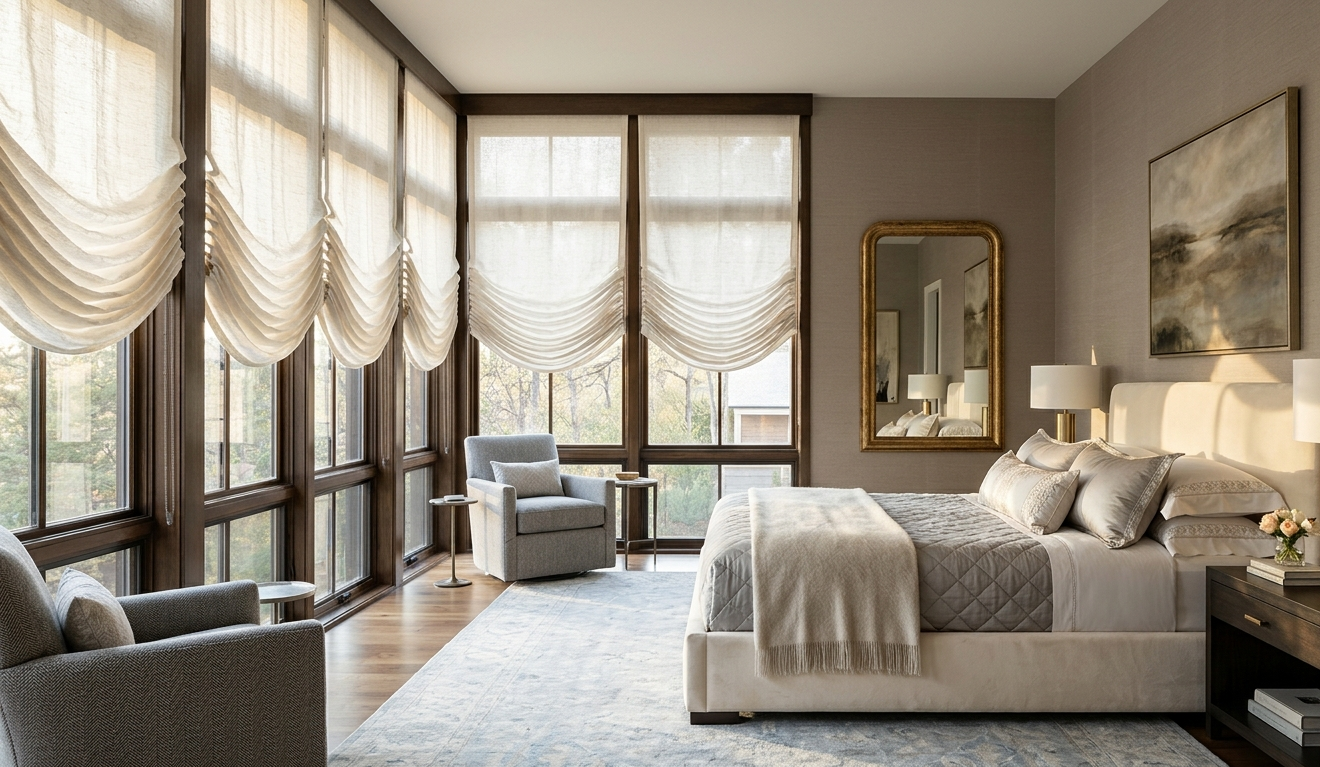 Luxury bedroom interior featuring elegant Austrian balloon shades, large floor-to-ceiling windows, soft natural light, and upscale contemporary decor.