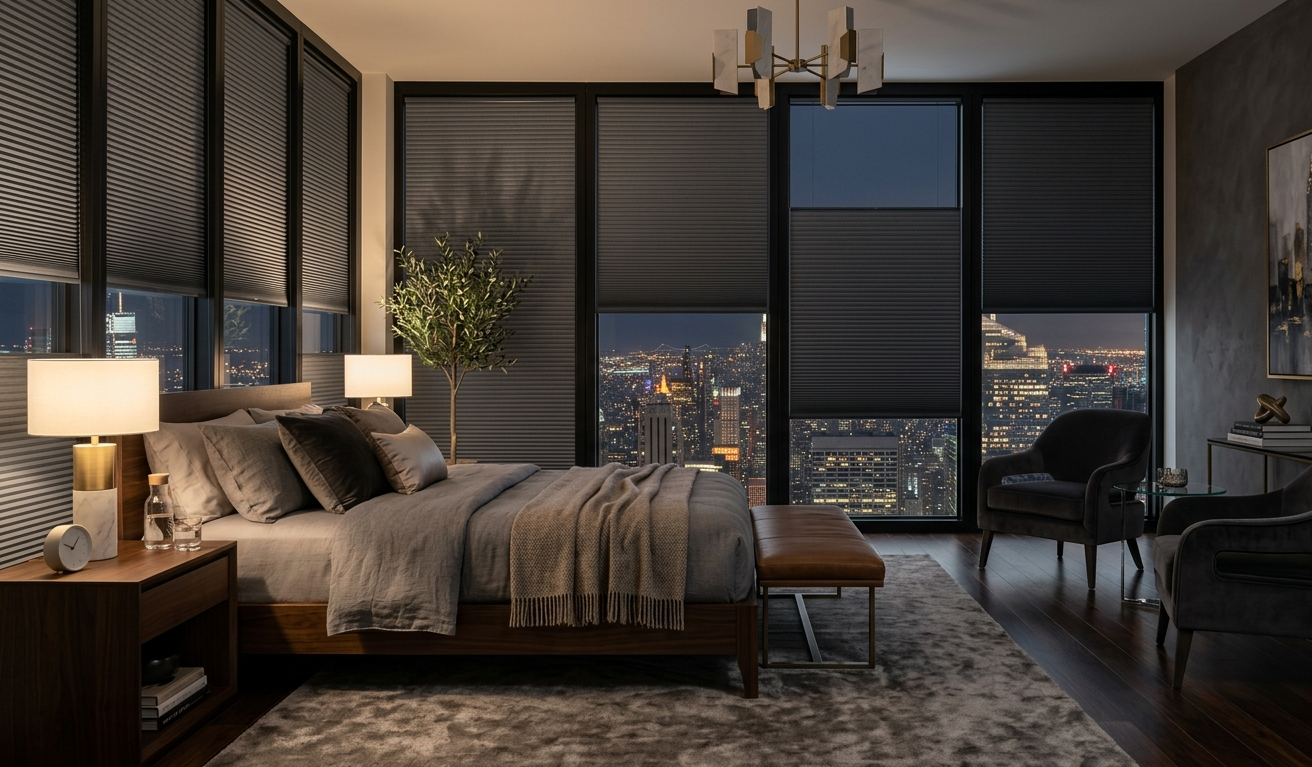 Luxury modern bedroom with blackout cellular shades, city skyline night view, energy efficient window treatments, and contemporary upscale interior design.