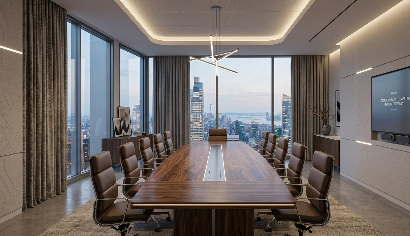 Modern luxury conference room featuring floor-to-ceiling drapes on large office windows with city skyline views and contemporary interior design.
