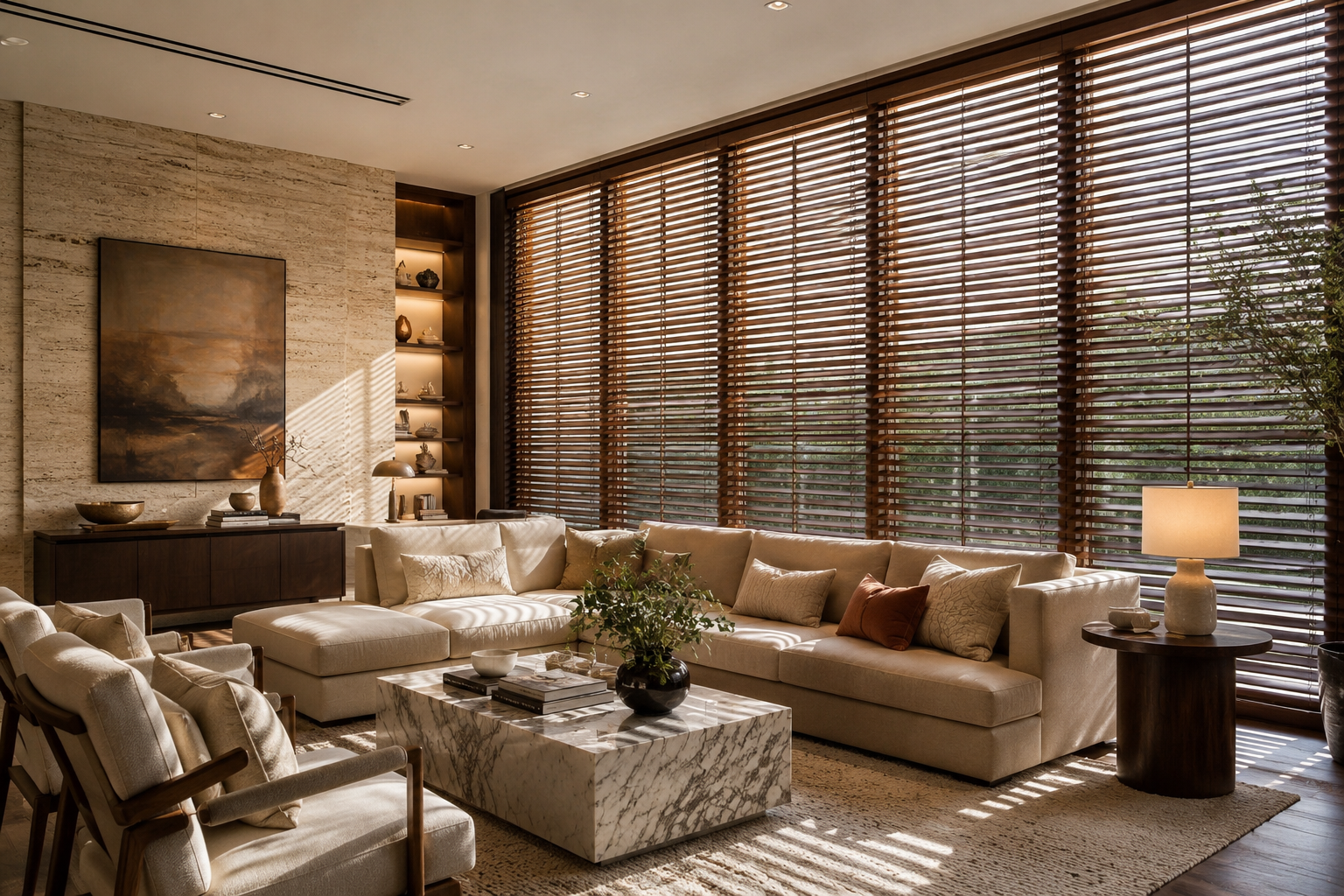 Luxury living room featuring 2-inch designer wood blinds on large windows with natural sunlight, beige sectional sofa, and modern interior decor.