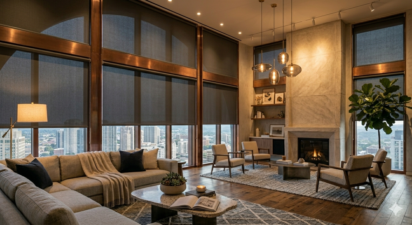 Luxury living room with blackout motorized roller shades, floor-to-ceiling windows, fireplace, and modern city skyline view.