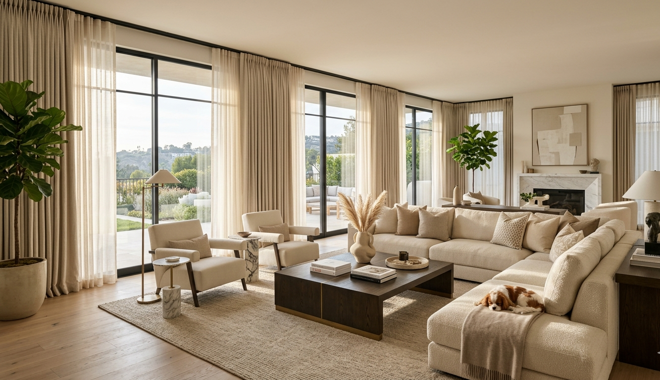 Luxury living room featuring custom drapes and sheer curtains on large modern windows with soft natural light and elegant interior design.