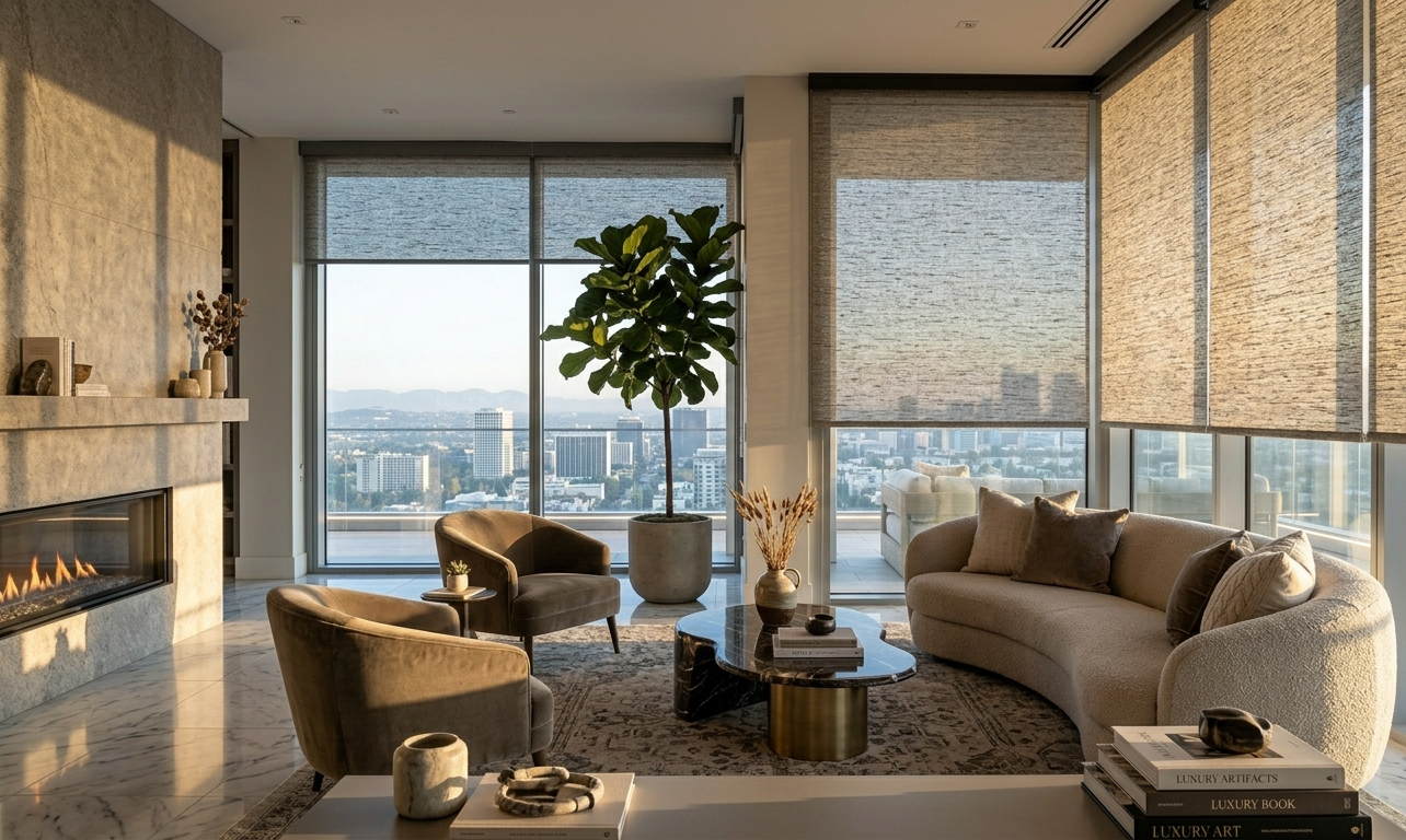 Luxury modern living room with textured solar roller shades, floor-to-ceiling windows, fireplace, and panoramic city skyline views.