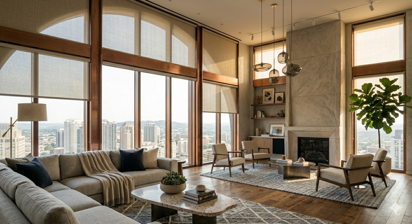 Luxury living room with custom motorized roller shades on tall windows overlooking a modern city skyline.