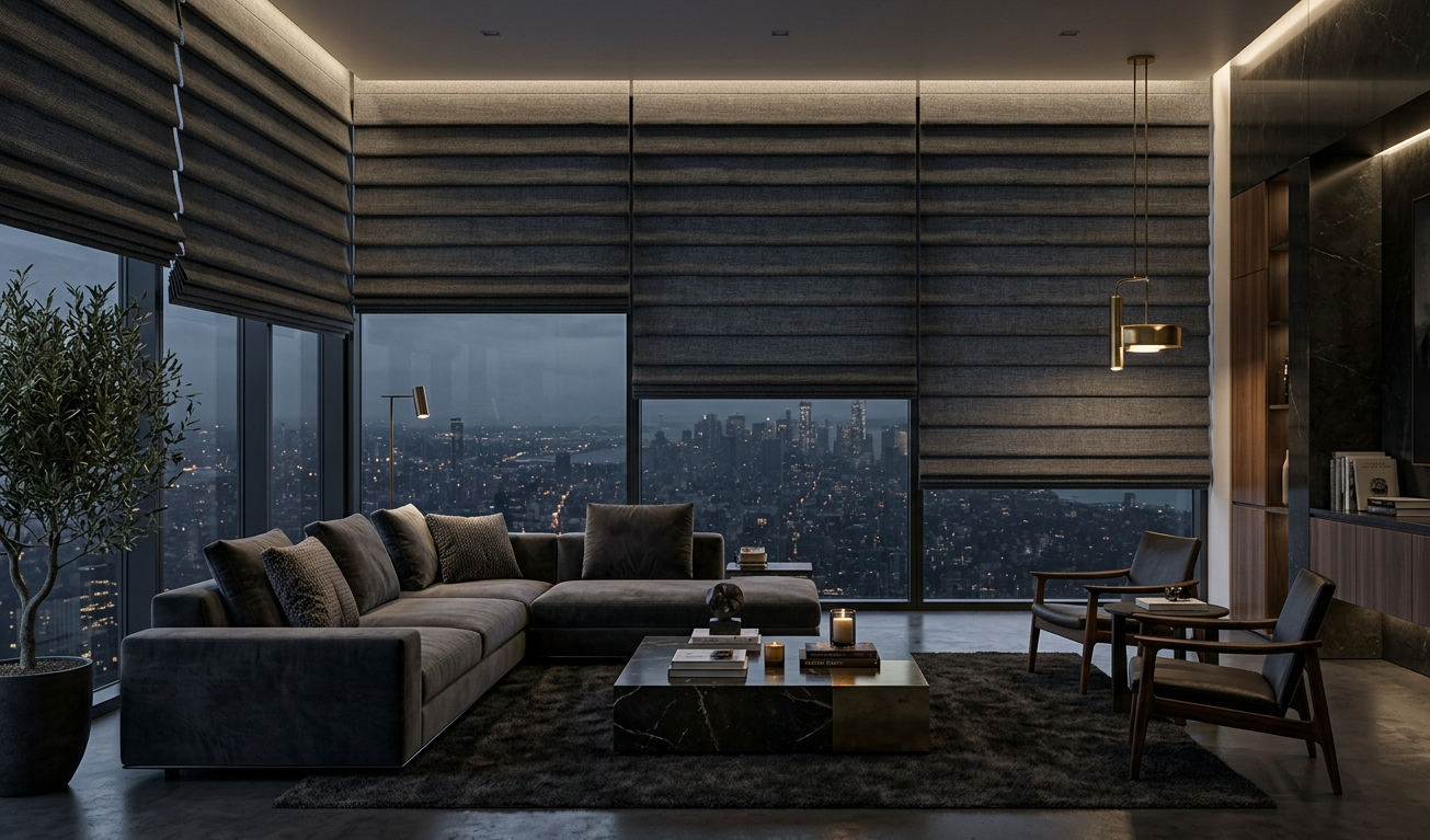 Luxury modern living room with dark motorized Roman shades, smart window treatments, city skyline night view, and contemporary interior design.