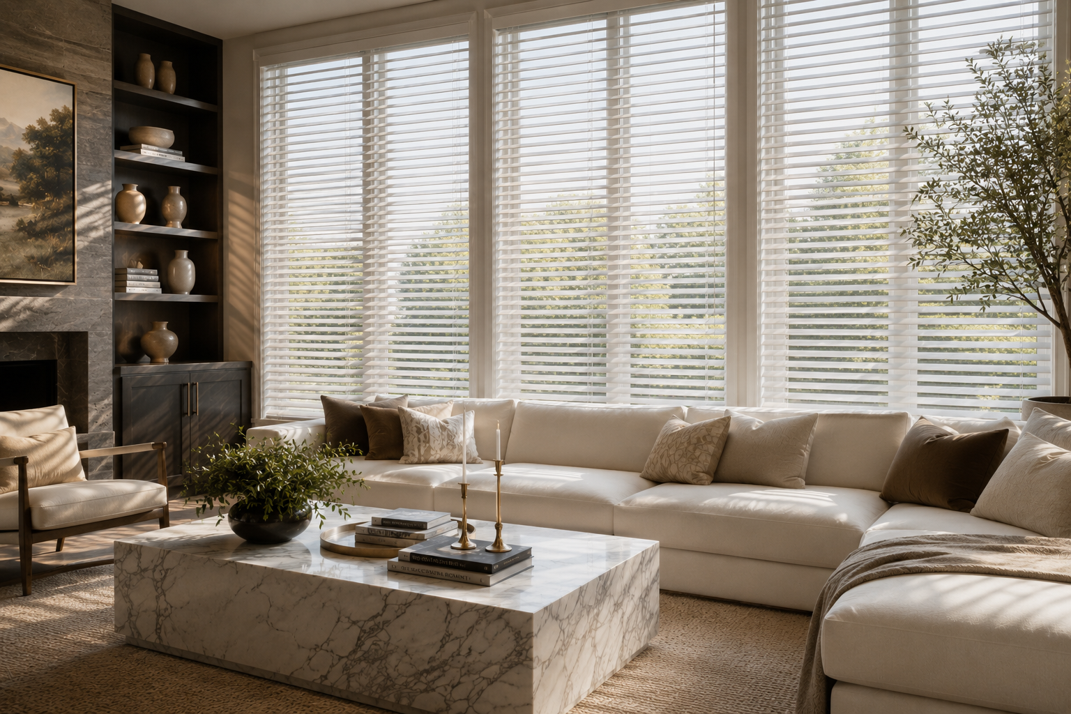 Luxury living room featuring premium white 2-inch faux wood blinds on large modern windows with soft natural sunlight and contemporary interior decor.
