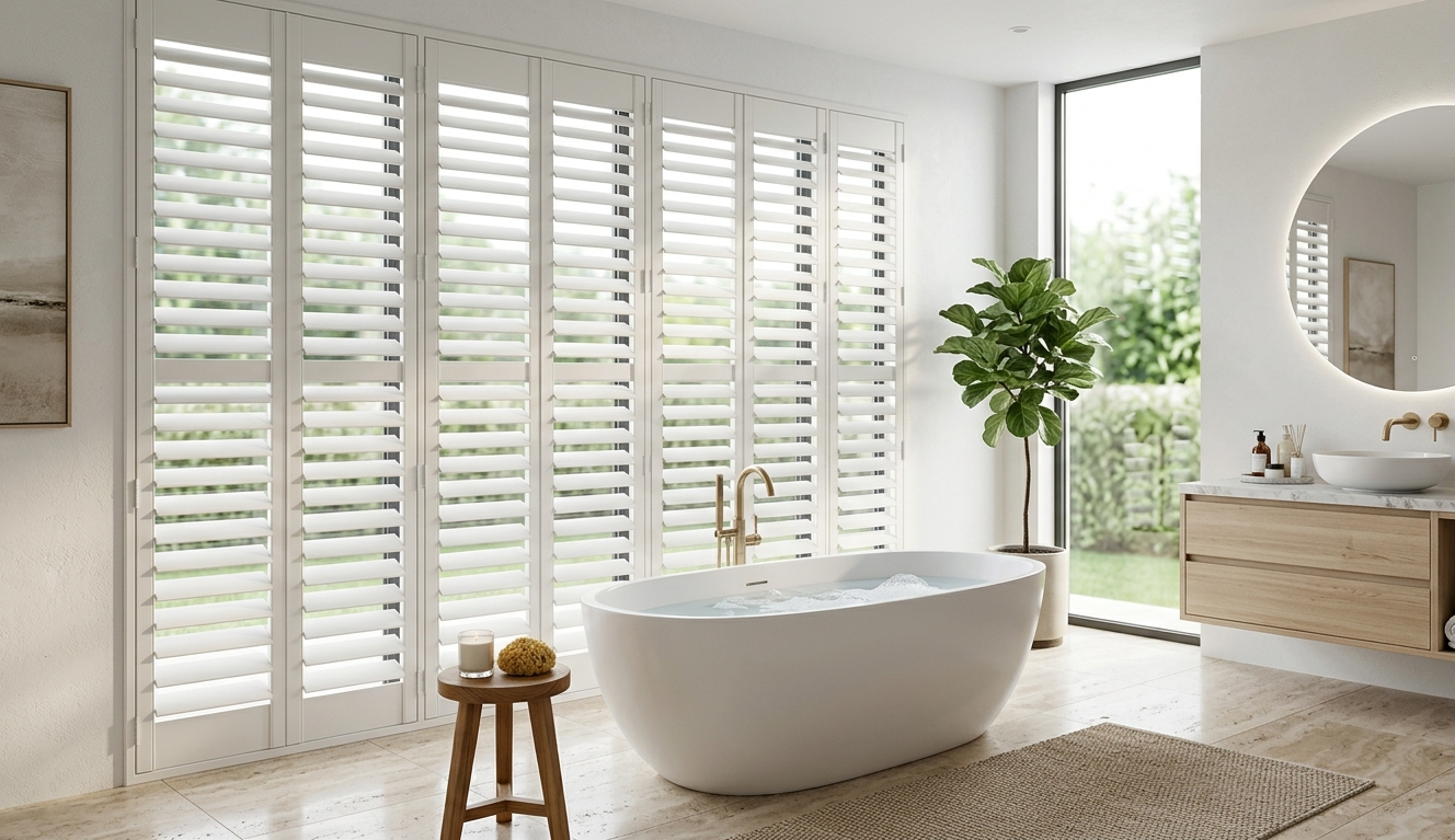 Modern bathroom featuring white plantation shutters on large windows with natural light and clean contemporary interior design.