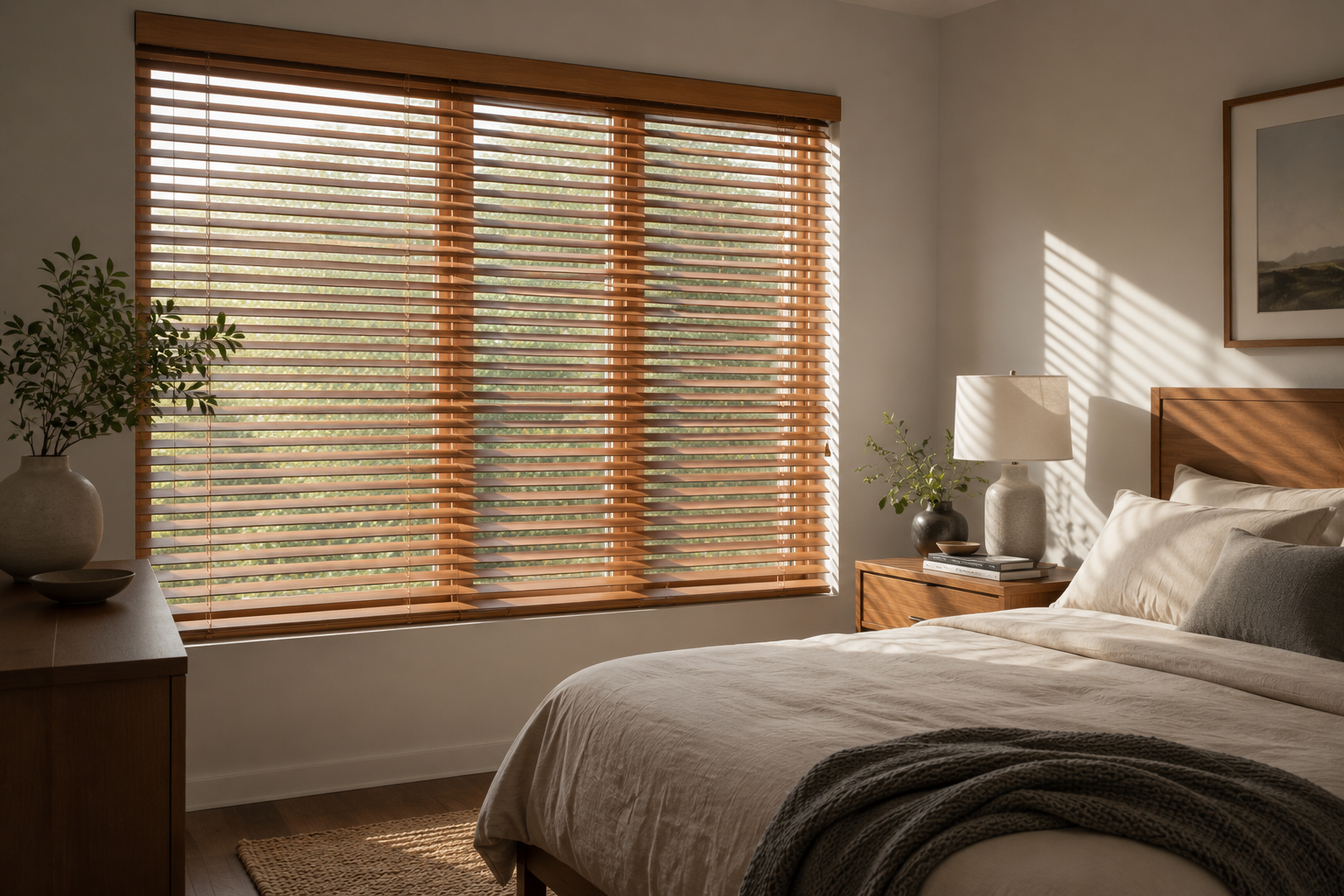 Modern Bedroom with 2-Inch Basic Wood Blinds Custom Window Treatments