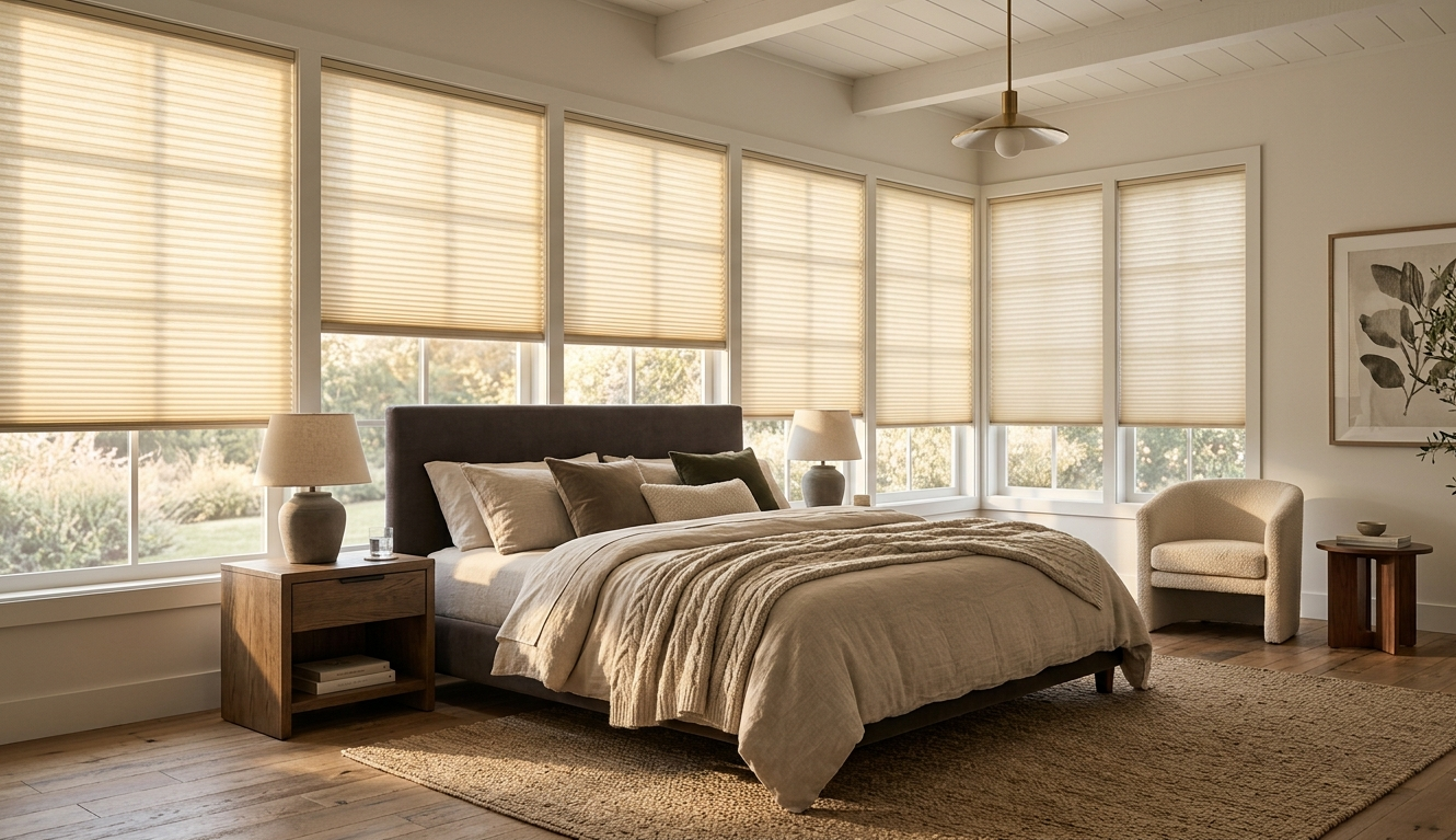Modern bedroom interior with light filtering cellular shades, energy efficient honeycomb blinds, neutral decor, and soft natural sunlight.