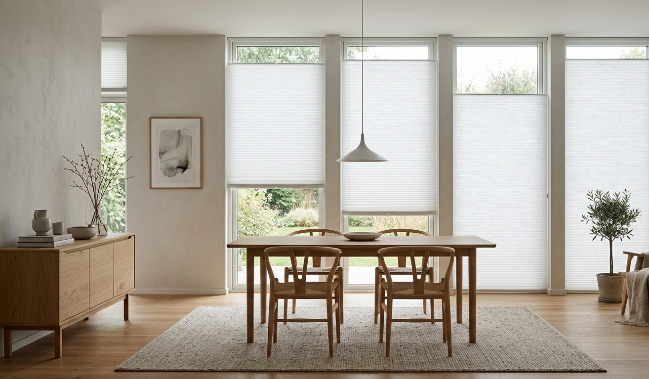Minimalist dining room with light filtering cellular shades, energy efficient window treatments, soft natural daylight, and Scandinavian modern interior design.