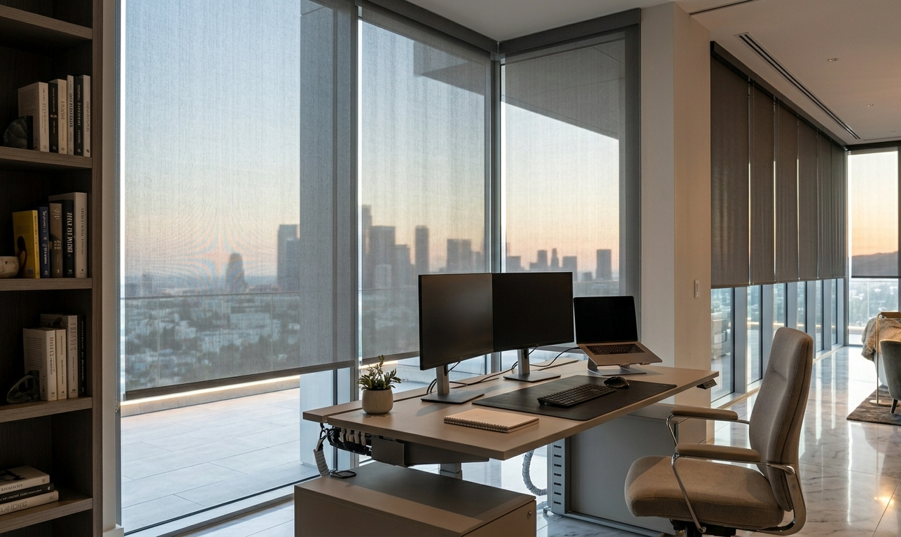 Modern home office with solar roller shades on floor-to-ceiling windows overlooking a city skyline at sunset.