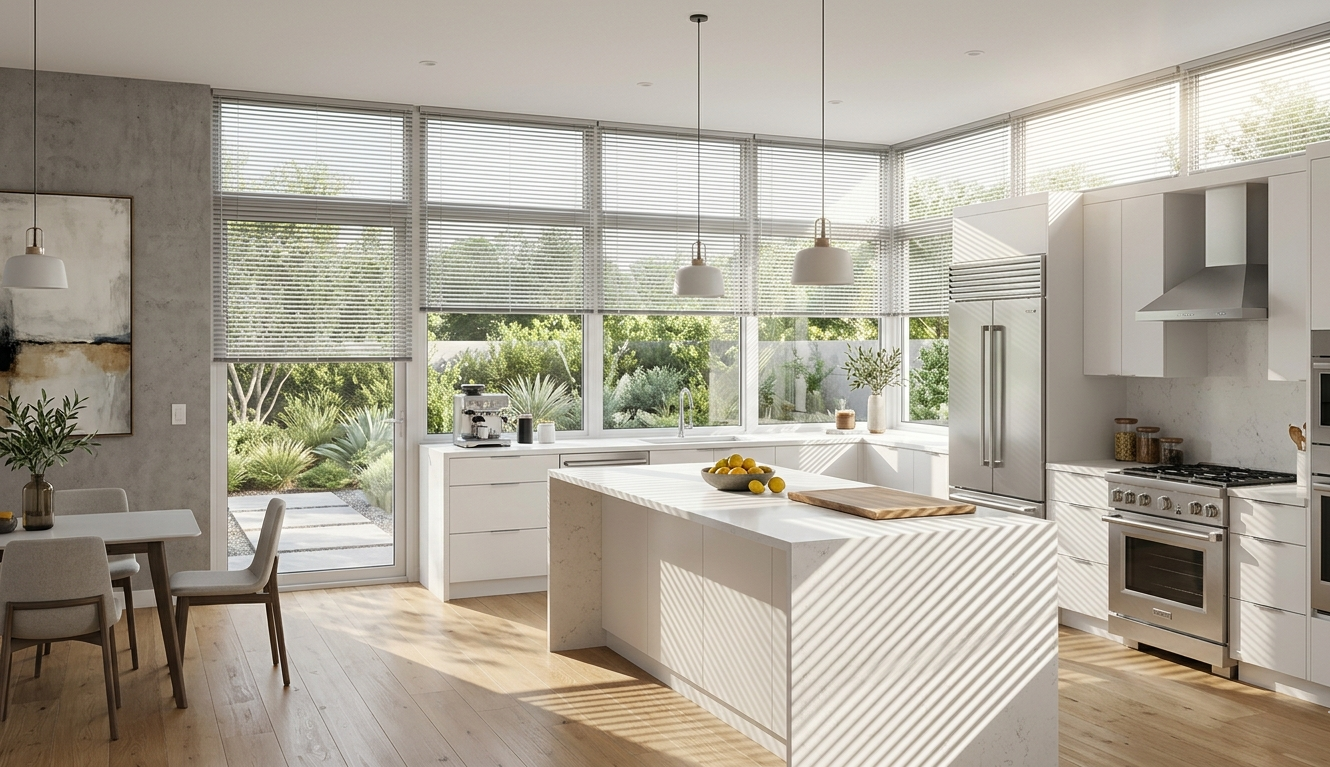 Modern kitchen featuring aluminum blinds on large windows with natural sunlight and clean contemporary interior design.