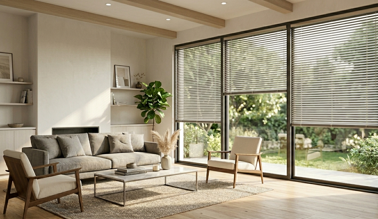 Modern living room featuring aluminum blinds on large windows with natural sunlight and contemporary interior design.