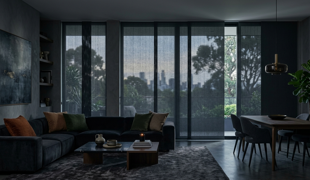 Modern dark living room with black sheer roller shades, luxury window treatments, contemporary dining area, and filtered natural light.