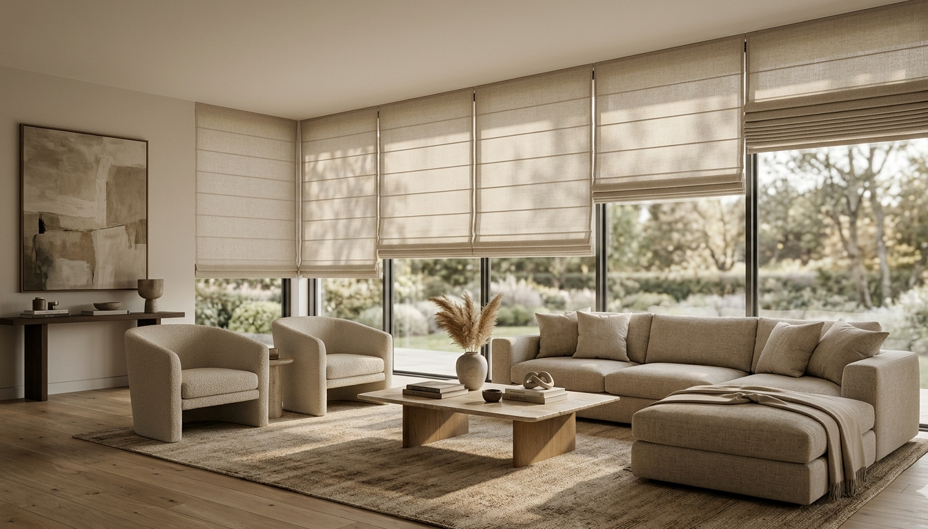 Elegant modern living room featuring custom Roman shades, large windows, neutral furniture, and soft natural light for a warm contemporary interior.