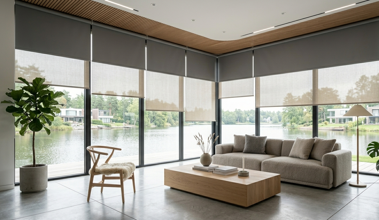 Modern living room with dual roller shades on large windows overlooking a peaceful lakefront landscape.