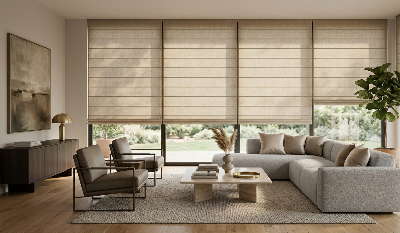 Modern minimalist living room featuring flat Roman shades, large contemporary windows, neutral furniture, and soft natural daylight.
