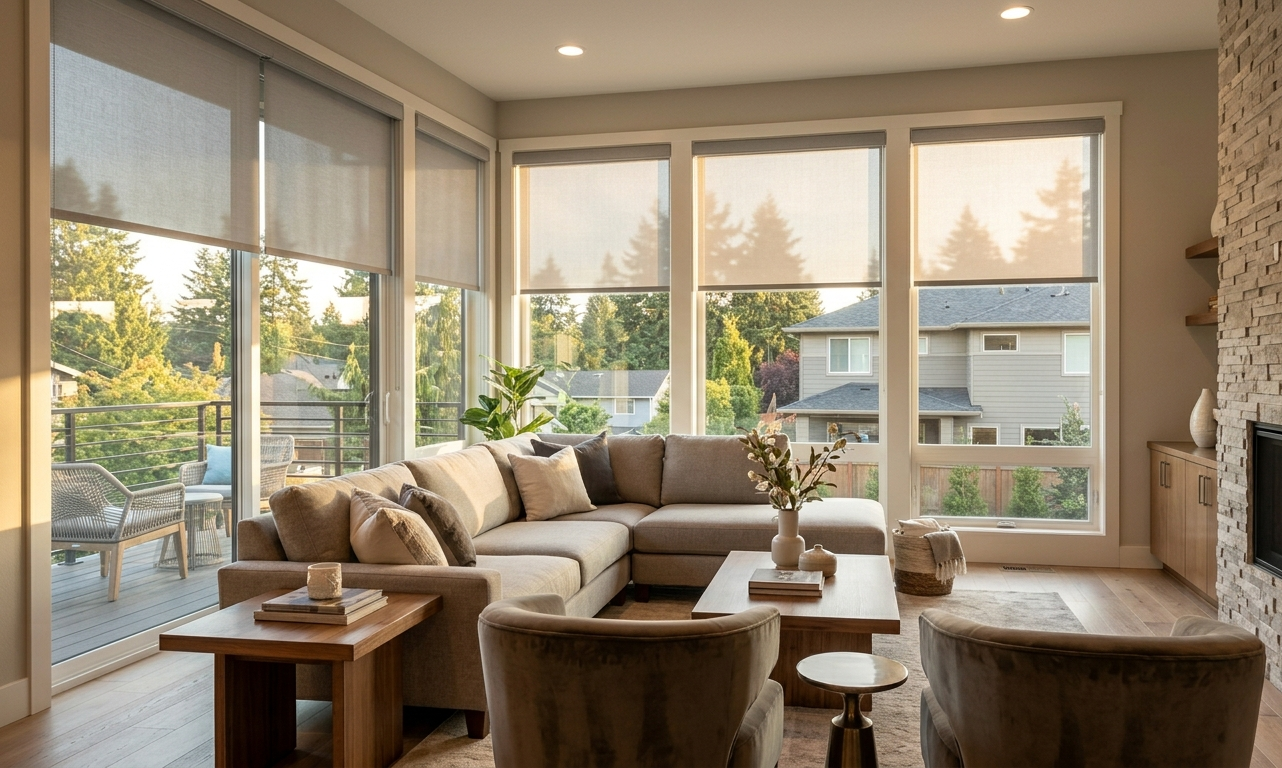 Modern living room with light filtering roller shades, large windows, cozy fireplace, and warm natural sunlight.