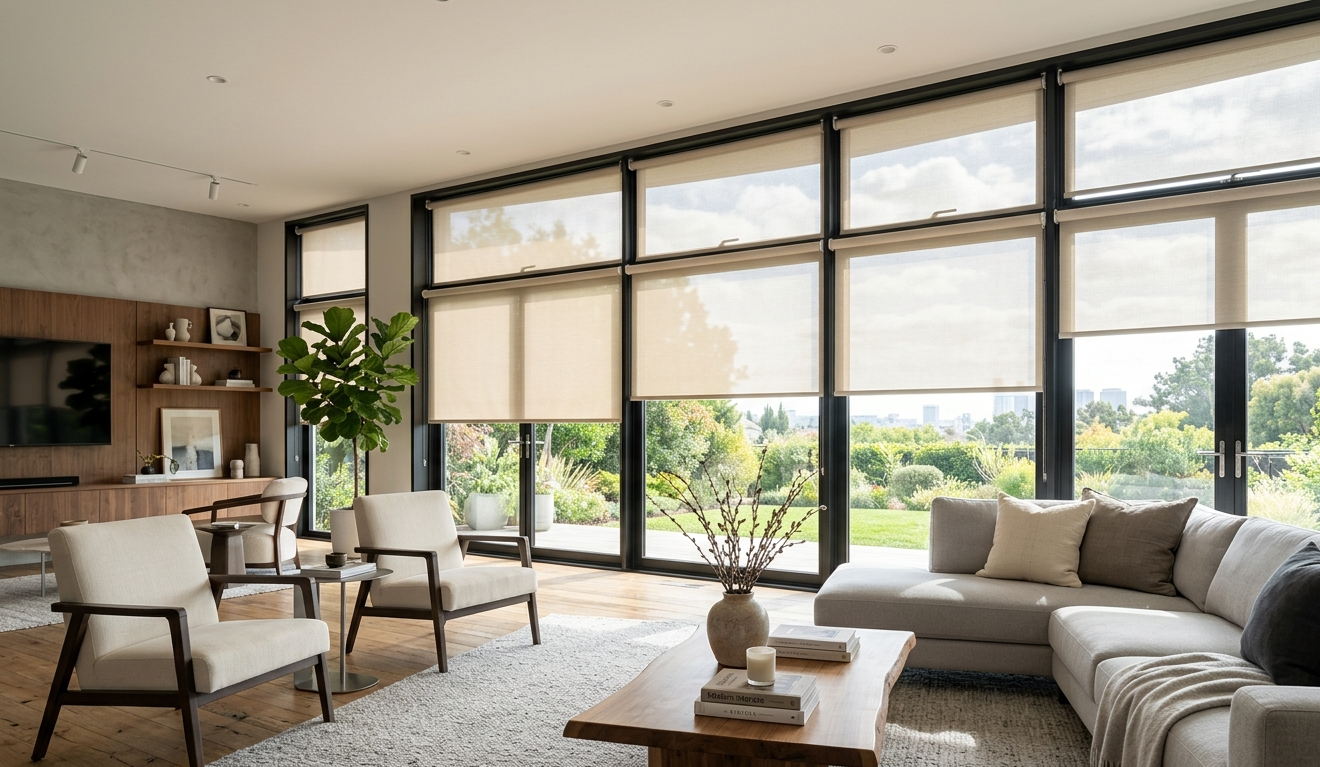 Modern living room featuring roller shades on large floor-to-ceiling windows with natural light and contemporary interior design.
