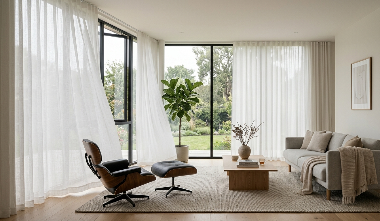 Modern living room featuring sheer curtains on large floor-to-ceiling windows with soft natural light and minimalist interior decor.