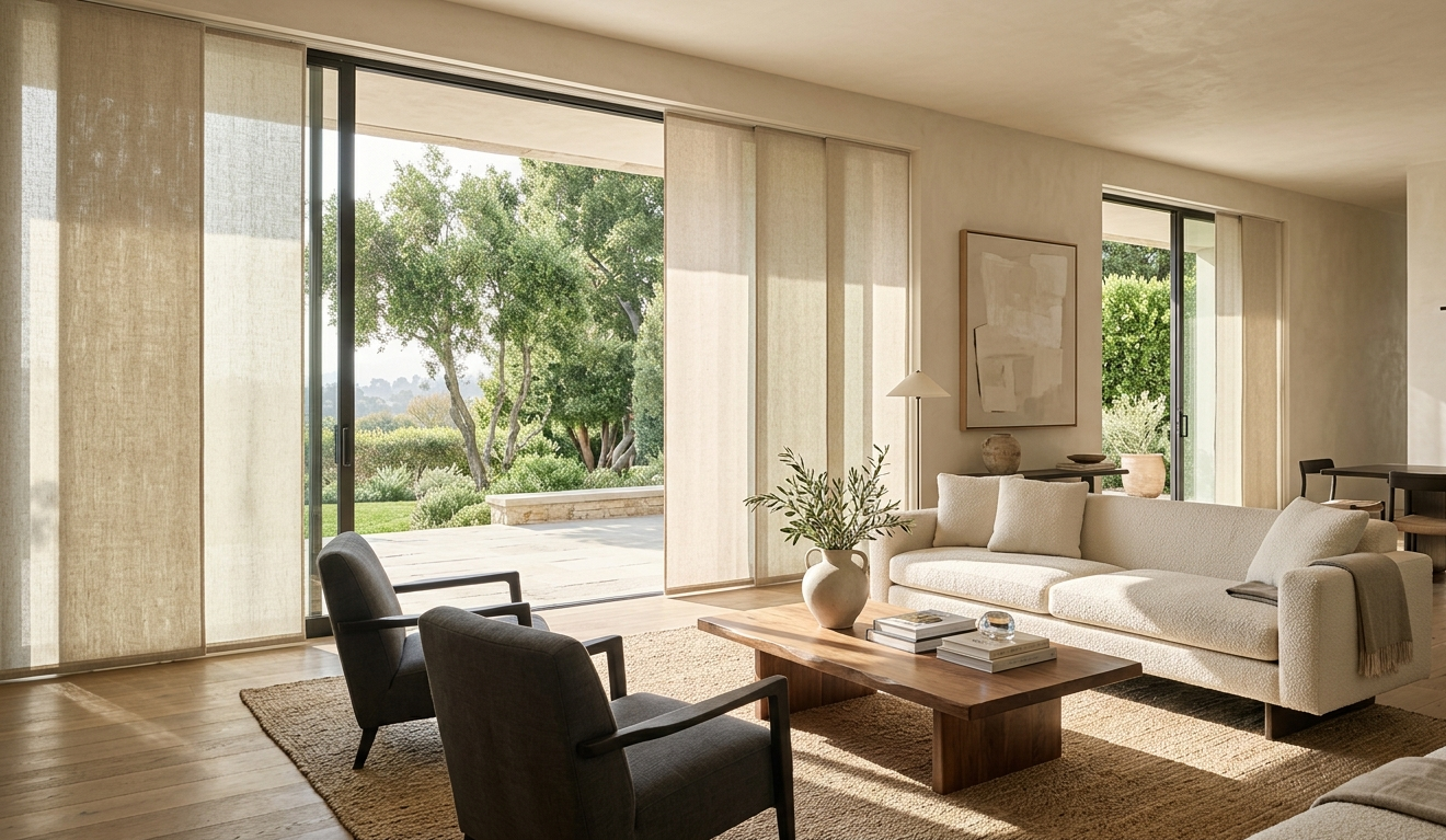 Modern living room with sheer panel track blinds, large sliding glass doors, contemporary neutral decor, and soft natural sunlight.